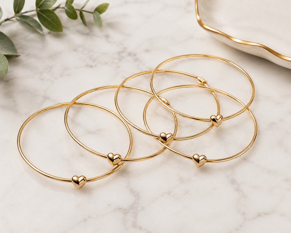 Lot of 5 Petite Gold Heart Bangle Bracelets | Minimalist Stackable Bracelets |